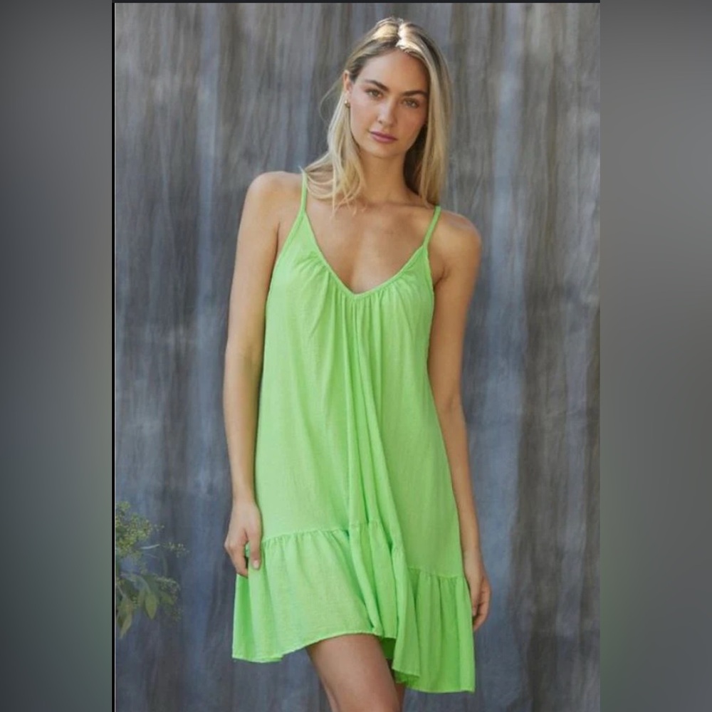 9Seed Cotton Bright Apple‎ Green Swim Coverup Summer Mini Dress w/ Ruffle O/S